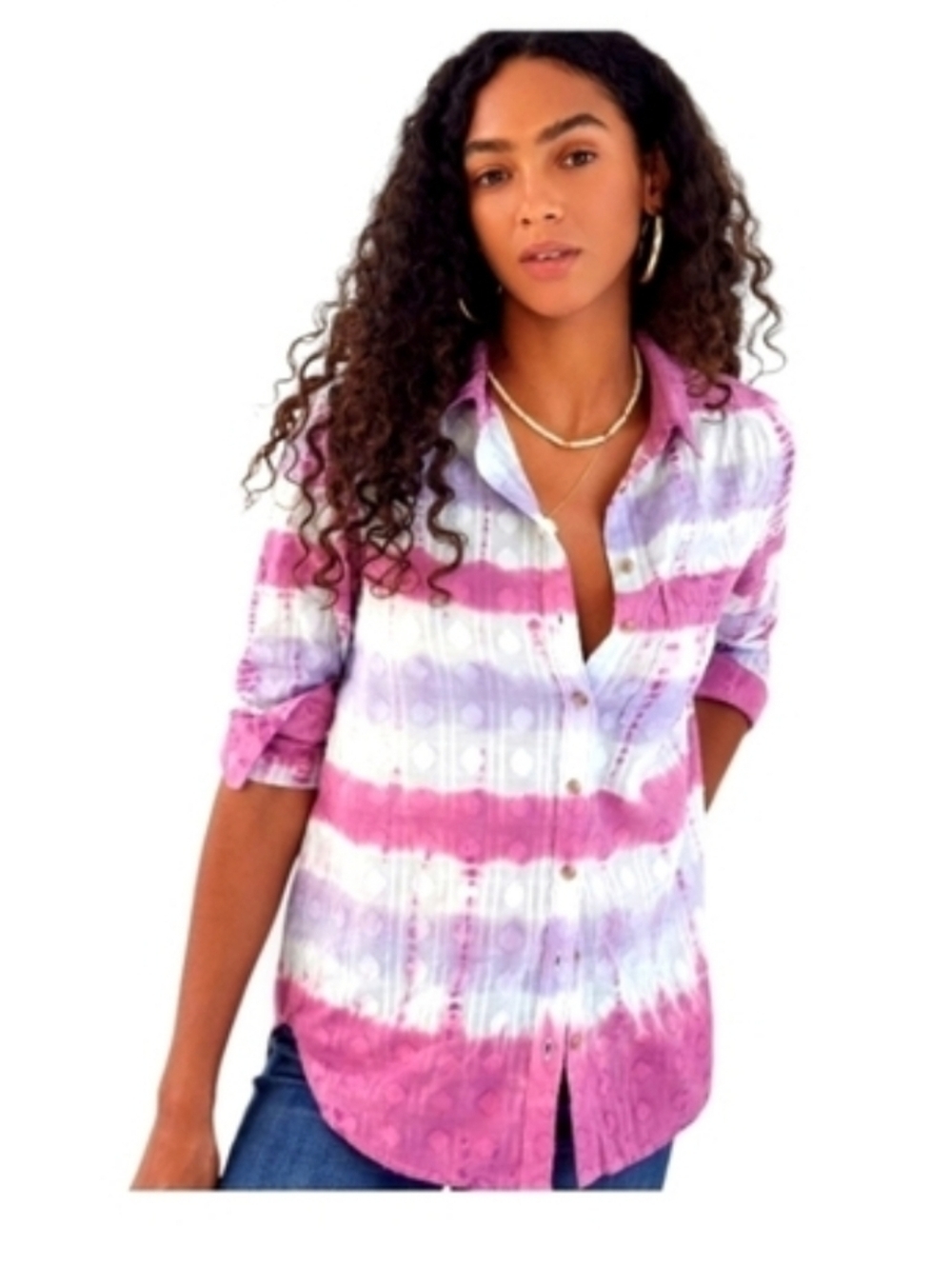 Anthropologie Pilcro XS Tie-Dye Cotton Button-Up Shirt Magenta Lilac Spring Top